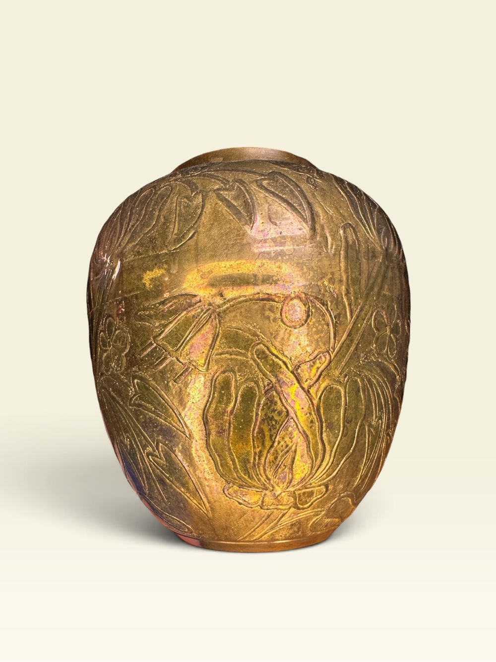 Vintage Art Nouveau Brass Floral Vase – Raised Relief Floral Made in India